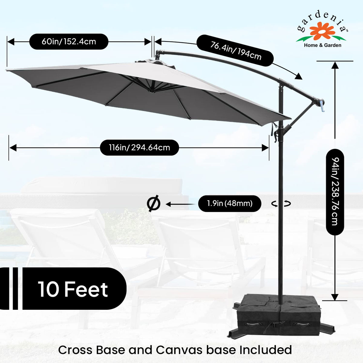 10ft Cantilever Umbrella with Detachable Base - Charcoal Gray