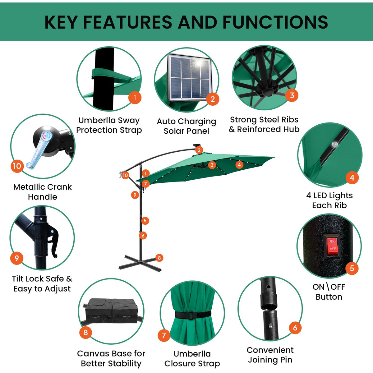 10ft Solar Light Cantilever Umbrella - Green