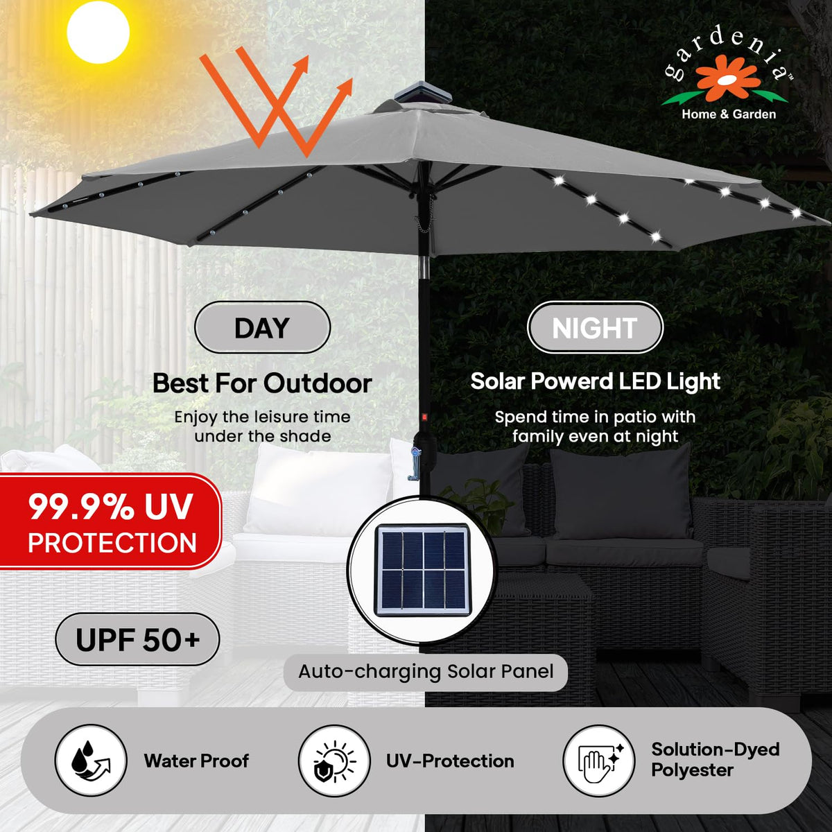 10ft Solar Light Umbrella - Charcoal Gray