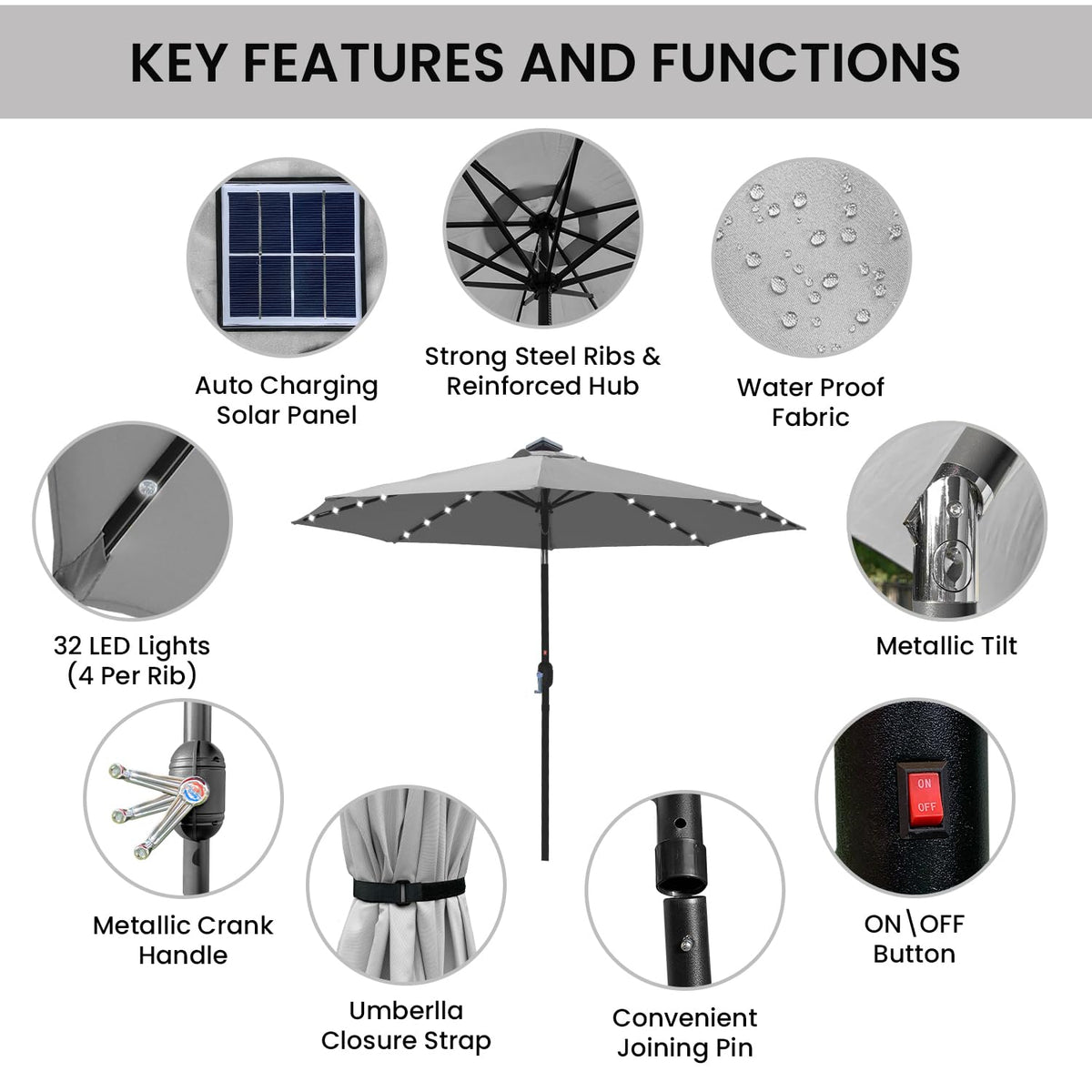 10ft Solar Light Umbrella - Charcoal Gray