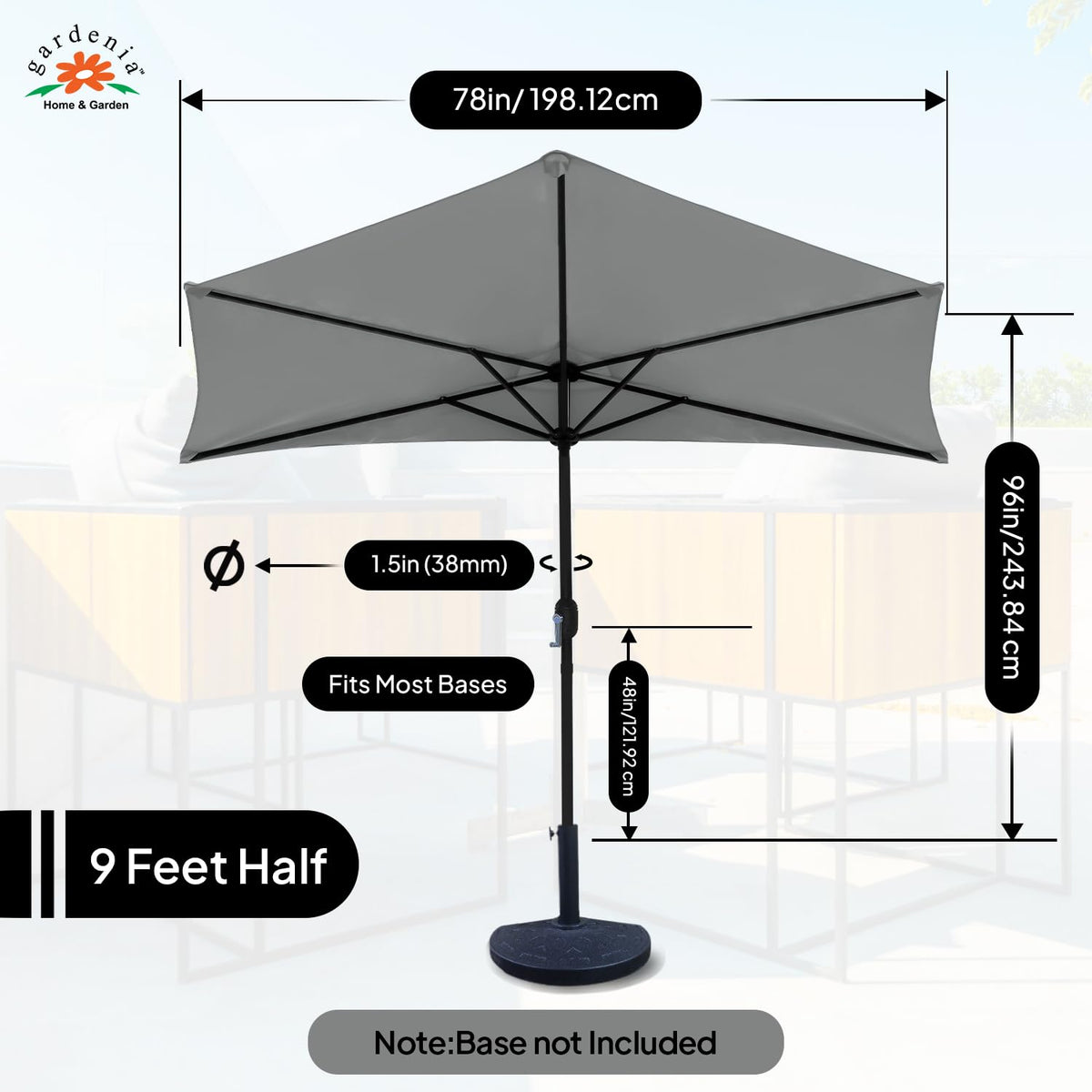 9ft Half Patio Umbrella Without Base - Gray