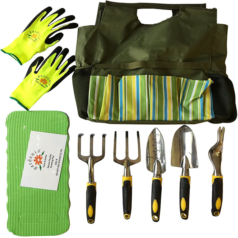 8 Pieces Gardening Tools Set Tote, Kit Includes a Set of 5 Ergonomic Garden Tools,a Pair of Gardening Gloves, Eva Knee Protetion Kneeling Pad &amp; Tool Organizer/Storage Bag by GardeniaHOME&amp;GARDEN