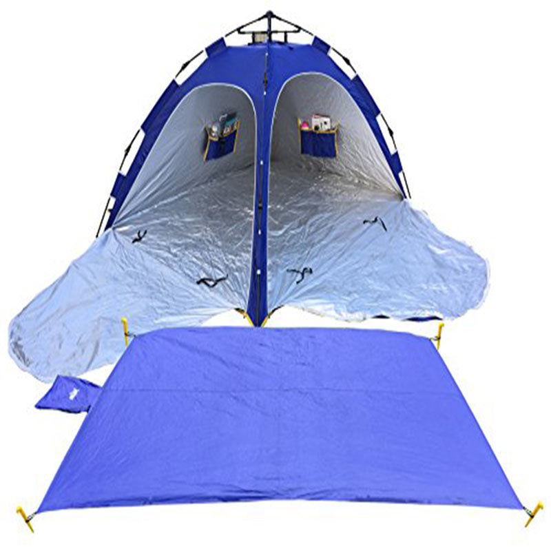 Beach Tent, Auto Popup Instant Beach Shelter Sunshade Tent with Beach Mat/Camping Blanket .Single Push/Pull Setup &amp; Packing, 2 Side Privacy Zipper Doors. UPF 50+ with Ropes, Pegs &amp; Carry Bag