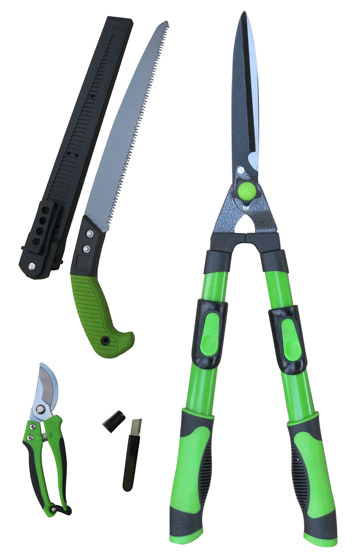 Garden Cutting &amp; Pruning Tools Combo Kit. Set Includes 1 pc each of Hedge Shears Pruners Hand Saw with Cover &amp; a Handy Tungsten Carbide Tools Blade Knife Sharpener. Value Pack Bundle of 4 pcs